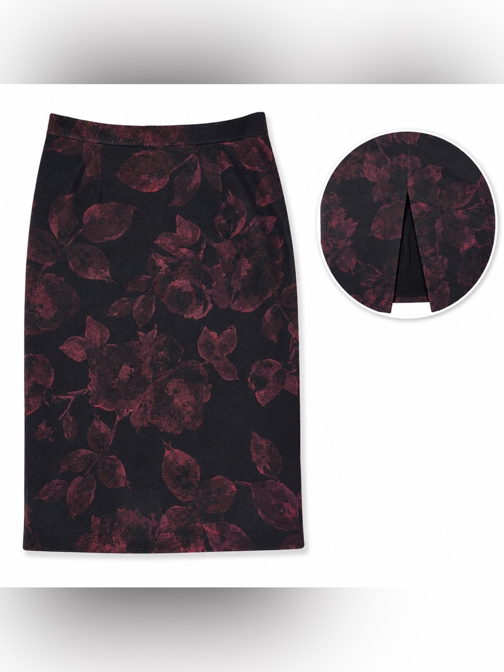 Susan Graver Black Pencil Skirt with Burgundy Floral Print